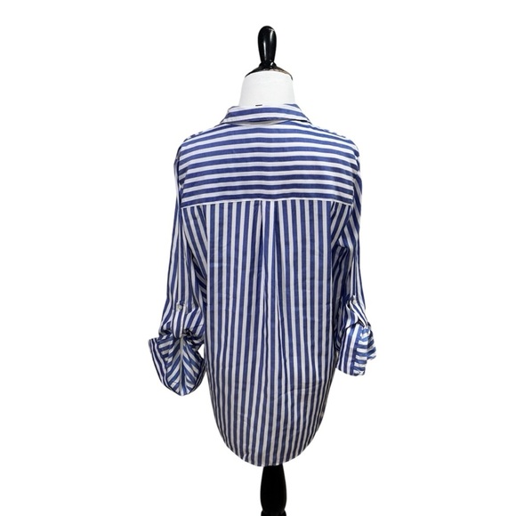 Express Women's M Medium Button Down Blouse Roll Tap Sleeves Striped Lightweight - Picture 6 of 7